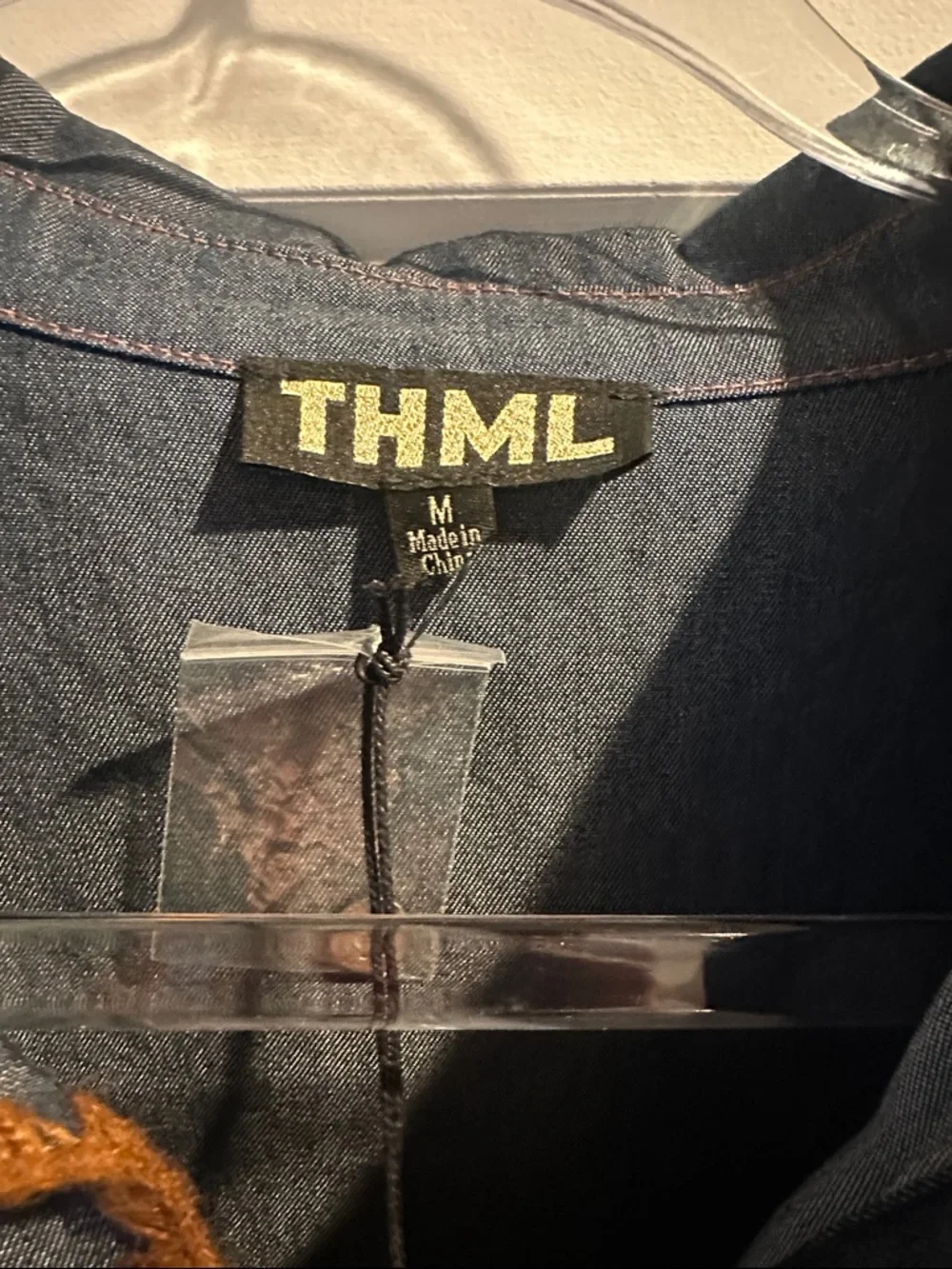 THML Indigo Puff-Sleeve Denim Shirt with Rust Trim - Picture 2 of 4